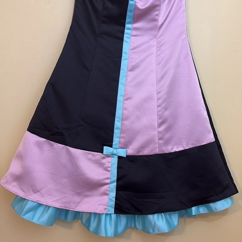 Gunne Sax Vintage Colorblock Black Pink Blue Strapless Alice In Wonderland Dress